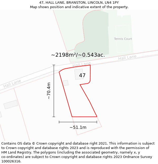 47, HALL LANE, BRANSTON, LINCOLN, LN4 1PY: Plot and title map