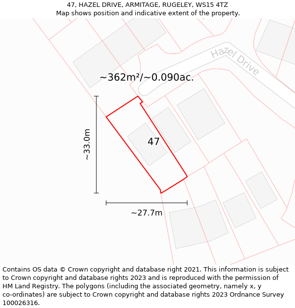 47, HAZEL DRIVE, ARMITAGE, RUGELEY, WS15 4TZ: Plot and title map