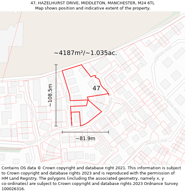 47, HAZELHURST DRIVE, MIDDLETON, MANCHESTER, M24 6TL: Plot and title map