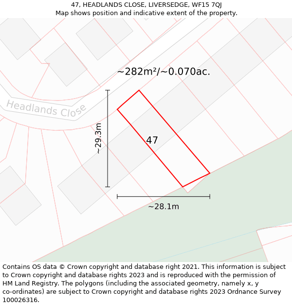 47, HEADLANDS CLOSE, LIVERSEDGE, WF15 7QJ: Plot and title map