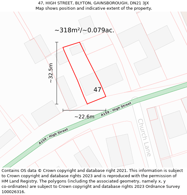 47, HIGH STREET, BLYTON, GAINSBOROUGH, DN21 3JX: Plot and title map