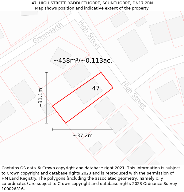 47, HIGH STREET, YADDLETHORPE, SCUNTHORPE, DN17 2RN: Plot and title map