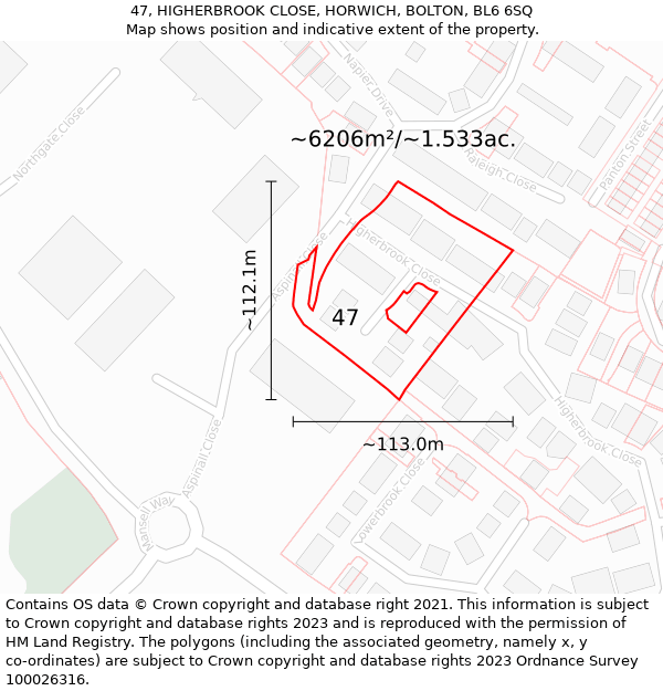 47, HIGHERBROOK CLOSE, HORWICH, BOLTON, BL6 6SQ: Plot and title map
