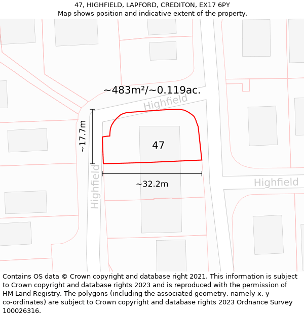 47, HIGHFIELD, LAPFORD, CREDITON, EX17 6PY: Plot and title map