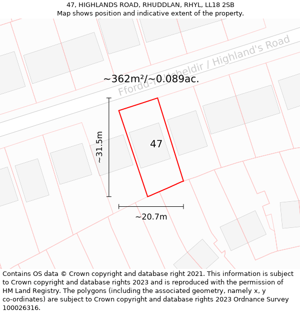 47, HIGHLANDS ROAD, RHUDDLAN, RHYL, LL18 2SB: Plot and title map