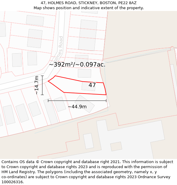 47, HOLMES ROAD, STICKNEY, BOSTON, PE22 8AZ: Plot and title map