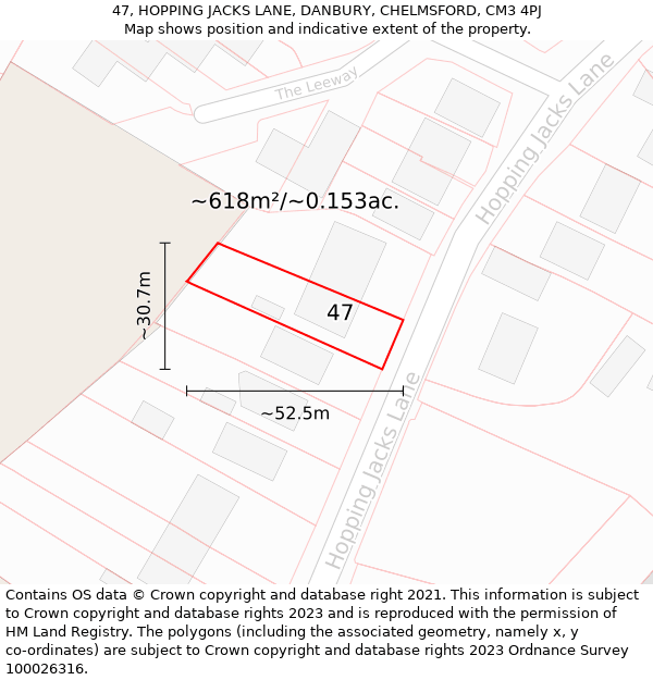 47, HOPPING JACKS LANE, DANBURY, CHELMSFORD, CM3 4PJ: Plot and title map