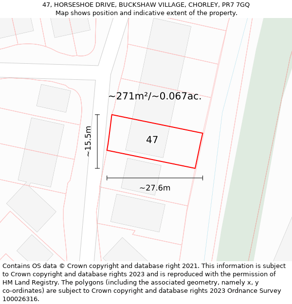 47, HORSESHOE DRIVE, BUCKSHAW VILLAGE, CHORLEY, PR7 7GQ: Plot and title map