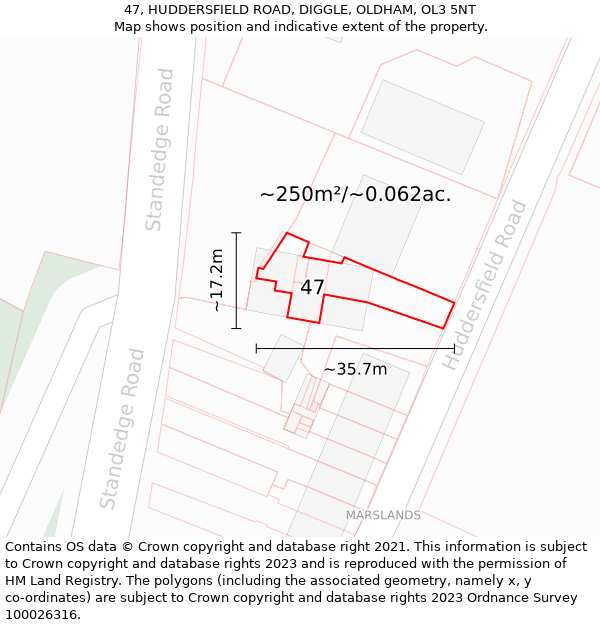 47, HUDDERSFIELD ROAD, DIGGLE, OLDHAM, OL3 5NT: Plot and title map