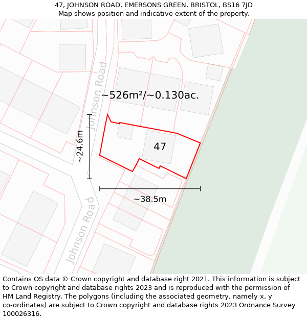 47, JOHNSON ROAD, EMERSONS GREEN, BRISTOL, BS16 7JD: Plot and title map