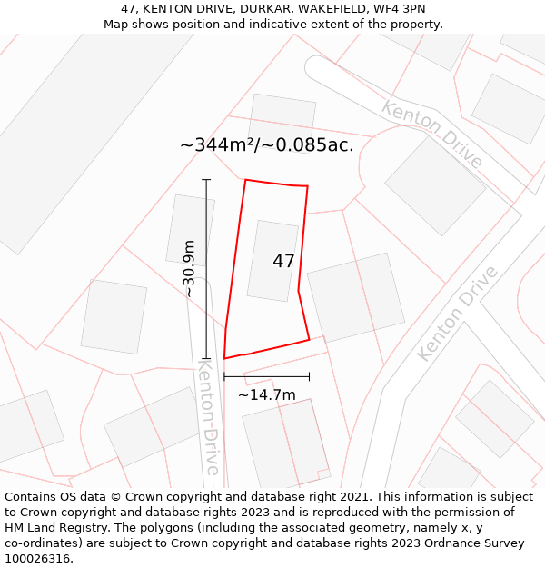 47, KENTON DRIVE, DURKAR, WAKEFIELD, WF4 3PN: Plot and title map