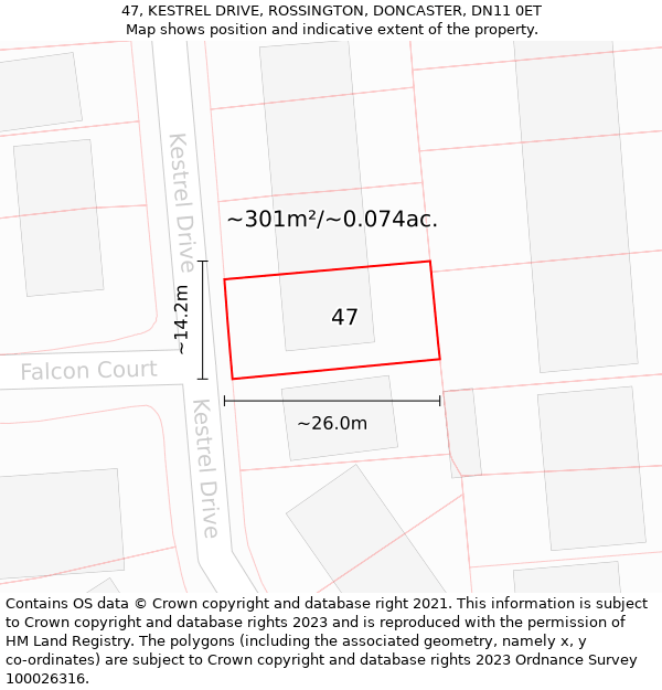 47, KESTREL DRIVE, ROSSINGTON, DONCASTER, DN11 0ET: Plot and title map