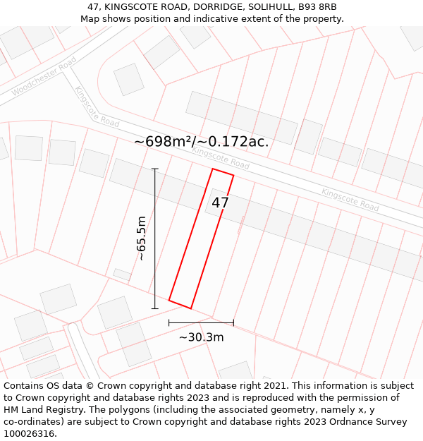 47, KINGSCOTE ROAD, DORRIDGE, SOLIHULL, B93 8RB: Plot and title map