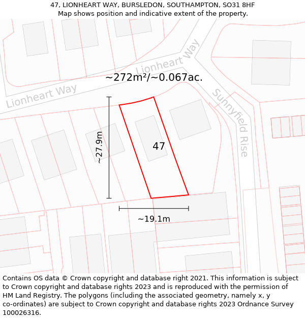 47, LIONHEART WAY, BURSLEDON, SOUTHAMPTON, SO31 8HF: Plot and title map