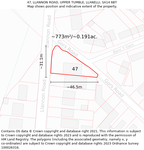 47, LLANNON ROAD, UPPER TUMBLE, LLANELLI, SA14 6BT: Plot and title map