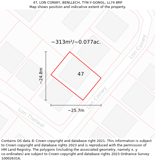 47, LON CONWY, BENLLECH, TYN-Y-GONGL, LL74 8RP: Plot and title map