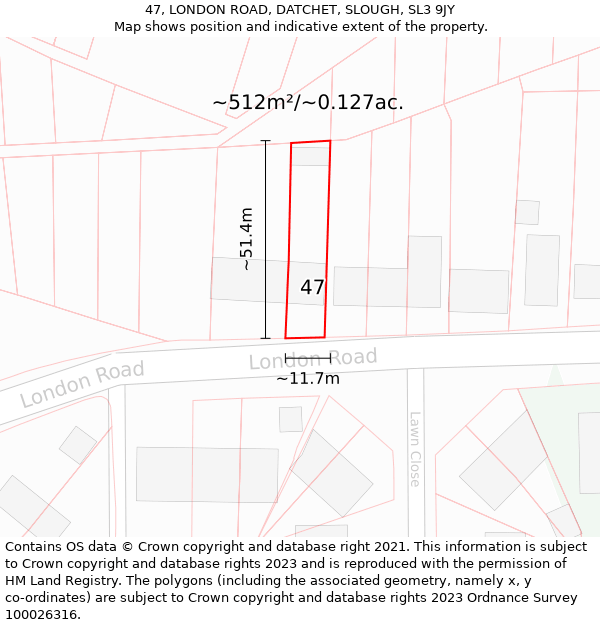 47, LONDON ROAD, DATCHET, SLOUGH, SL3 9JY: Plot and title map