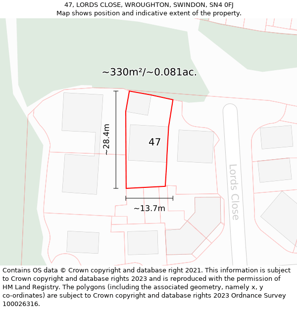 47, LORDS CLOSE, WROUGHTON, SWINDON, SN4 0FJ: Plot and title map