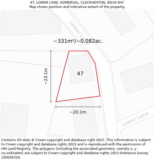 47, LOWER LANE, GOMERSAL, CLECKHEATON, BD19 4HY: Plot and title map