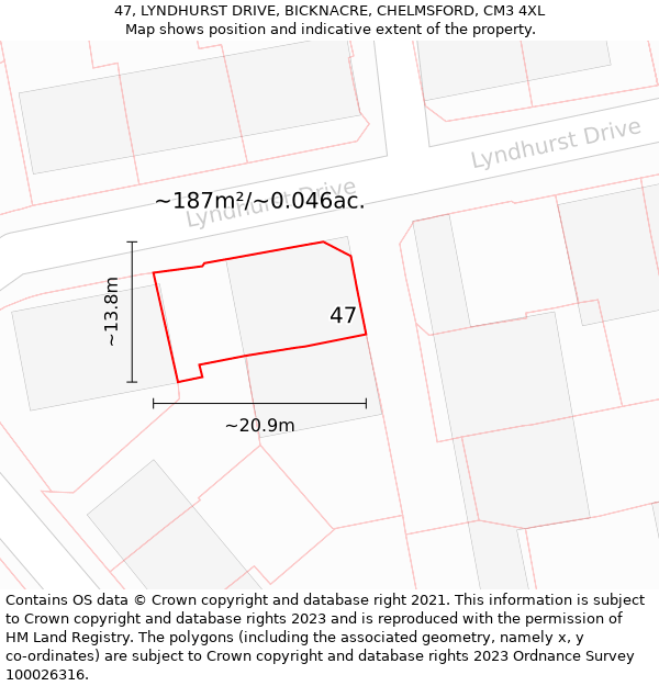 47, LYNDHURST DRIVE, BICKNACRE, CHELMSFORD, CM3 4XL: Plot and title map