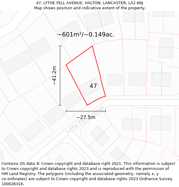 47, LYTHE FELL AVENUE, HALTON, LANCASTER, LA2 6NJ: Plot and title map