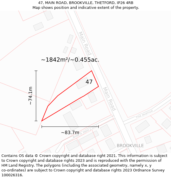 47, MAIN ROAD, BROOKVILLE, THETFORD, IP26 4RB: Plot and title map