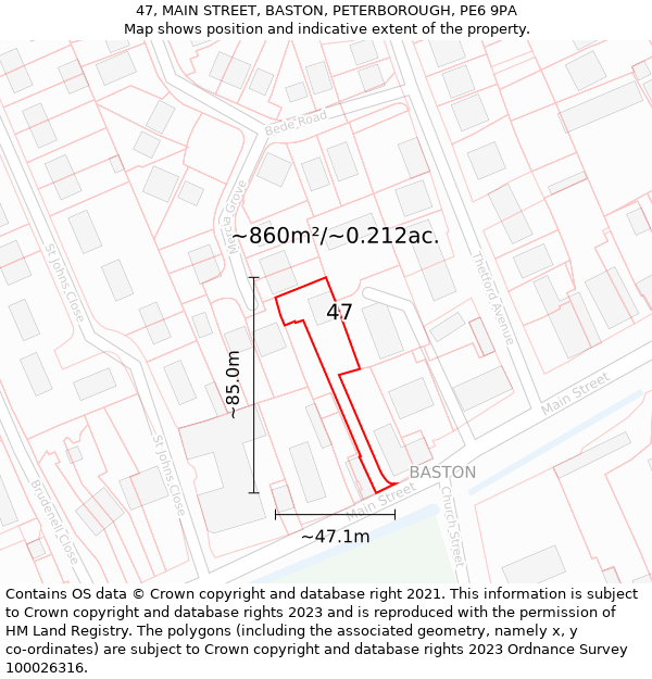 47, MAIN STREET, BASTON, PETERBOROUGH, PE6 9PA: Plot and title map