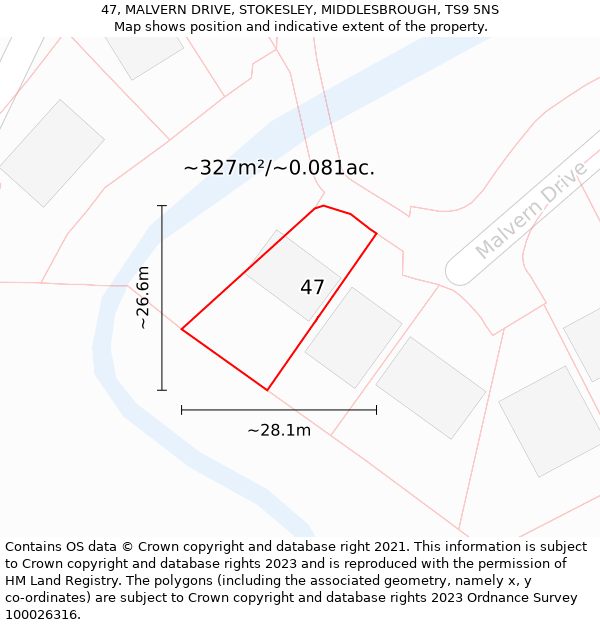 47, MALVERN DRIVE, STOKESLEY, MIDDLESBROUGH, TS9 5NS: Plot and title map