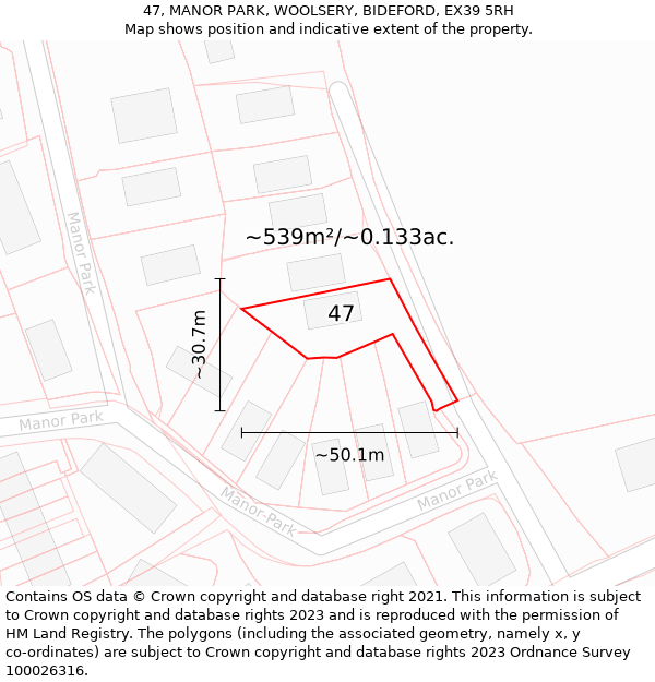 47, MANOR PARK, WOOLSERY, BIDEFORD, EX39 5RH: Plot and title map