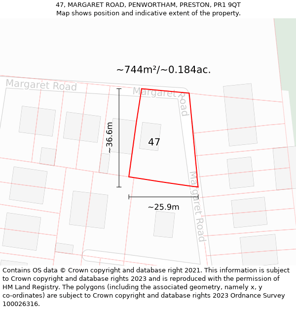 47, MARGARET ROAD, PENWORTHAM, PRESTON, PR1 9QT: Plot and title map