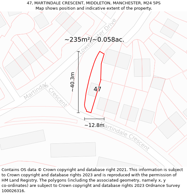 47, MARTINDALE CRESCENT, MIDDLETON, MANCHESTER, M24 5PS: Plot and title map