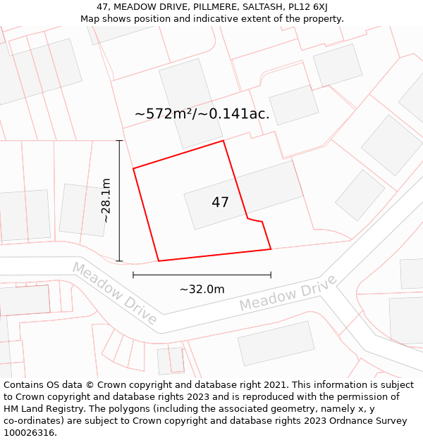 47, MEADOW DRIVE, PILLMERE, SALTASH, PL12 6XJ: Plot and title map