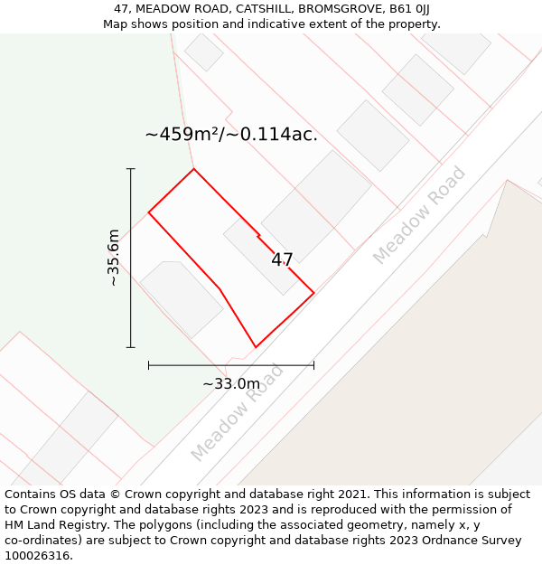 47, MEADOW ROAD, CATSHILL, BROMSGROVE, B61 0JJ: Plot and title map