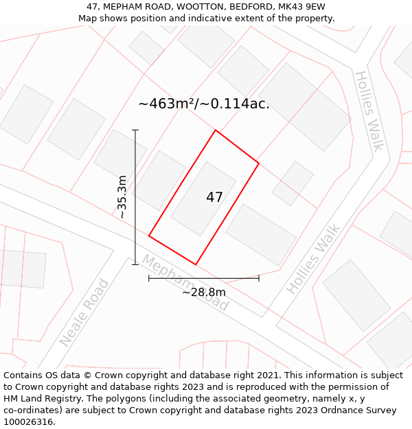 47, MEPHAM ROAD, WOOTTON, BEDFORD, MK43 9EW: Plot and title map