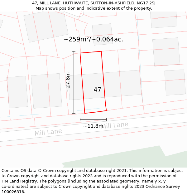 47, MILL LANE, HUTHWAITE, SUTTON-IN-ASHFIELD, NG17 2SJ: Plot and title map