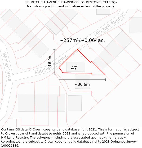 47, MITCHELL AVENUE, HAWKINGE, FOLKESTONE, CT18 7QY: Plot and title map