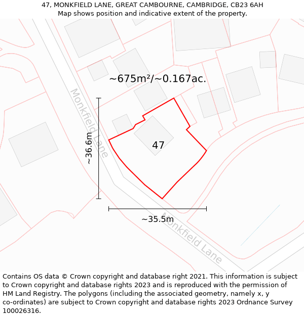 47, MONKFIELD LANE, GREAT CAMBOURNE, CAMBRIDGE, CB23 6AH: Plot and title map