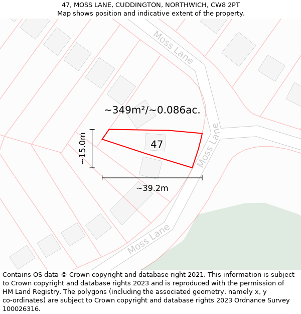 47, MOSS LANE, CUDDINGTON, NORTHWICH, CW8 2PT: Plot and title map