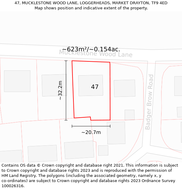 47, MUCKLESTONE WOOD LANE, LOGGERHEADS, MARKET DRAYTON, TF9 4ED: Plot and title map