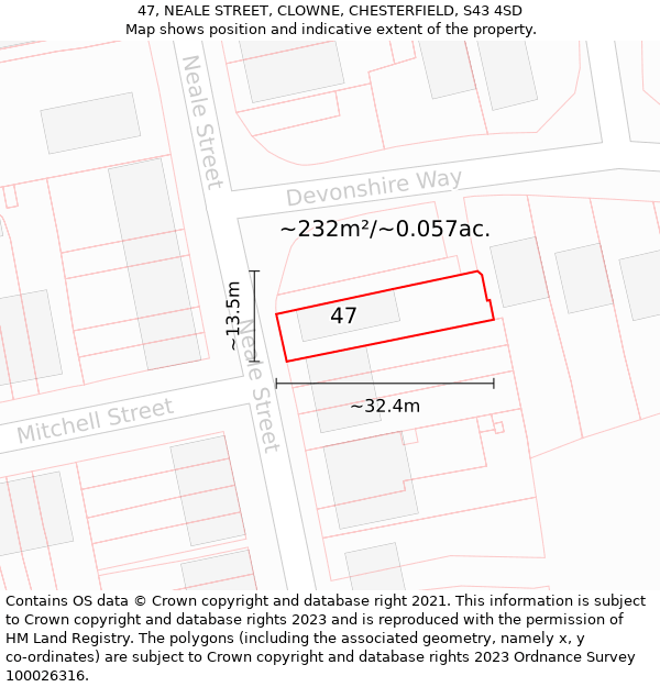 47, NEALE STREET, CLOWNE, CHESTERFIELD, S43 4SD: Plot and title map