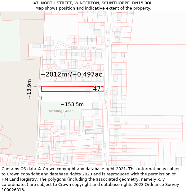 47, NORTH STREET, WINTERTON, SCUNTHORPE, DN15 9QL: Plot and title map