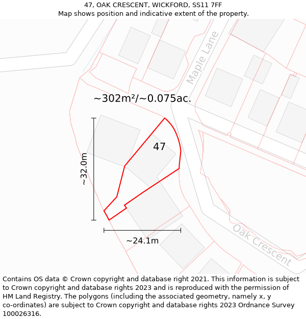 47, OAK CRESCENT, WICKFORD, SS11 7FF: Plot and title map