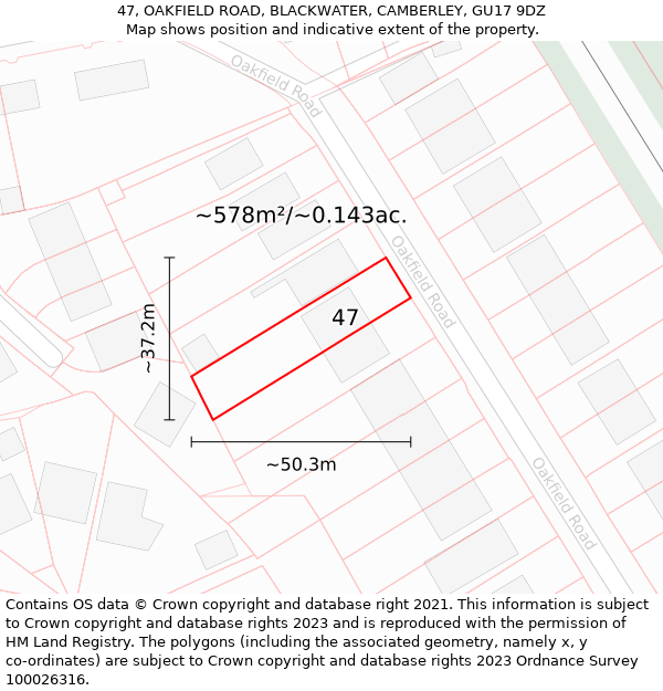 47, OAKFIELD ROAD, BLACKWATER, CAMBERLEY, GU17 9DZ: Plot and title map