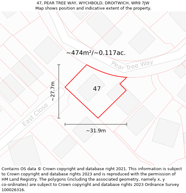 47, PEAR TREE WAY, WYCHBOLD, DROITWICH, WR9 7JW: Plot and title map