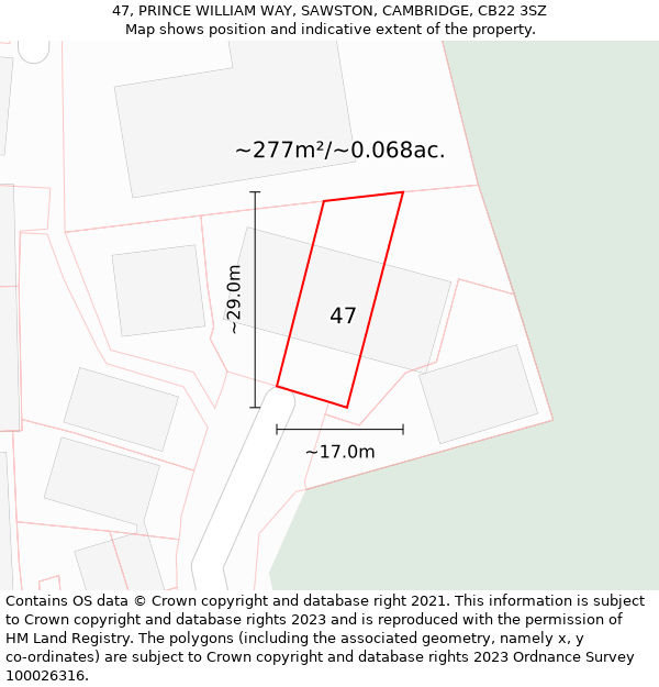 47, PRINCE WILLIAM WAY, SAWSTON, CAMBRIDGE, CB22 3SZ: Plot and title map