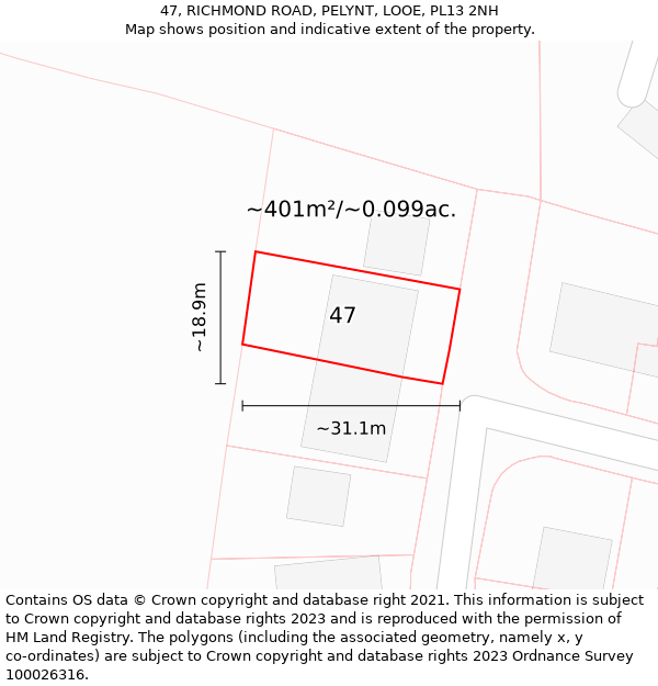 47, RICHMOND ROAD, PELYNT, LOOE, PL13 2NH: Plot and title map