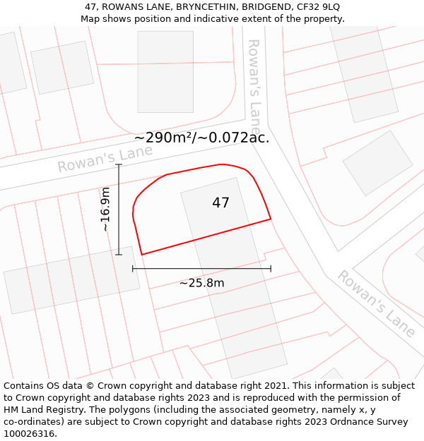 47, ROWANS LANE, BRYNCETHIN, BRIDGEND, CF32 9LQ: Plot and title map