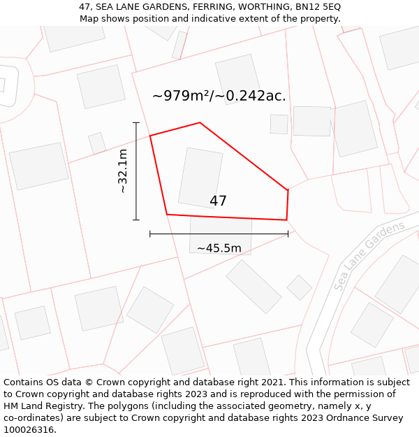 47, SEA LANE GARDENS, FERRING, WORTHING, BN12 5EQ: Plot and title map