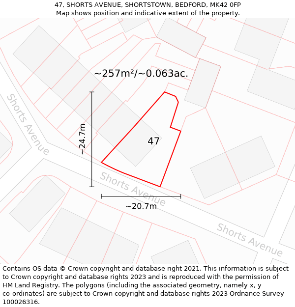 47, SHORTS AVENUE, SHORTSTOWN, BEDFORD, MK42 0FP: Plot and title map