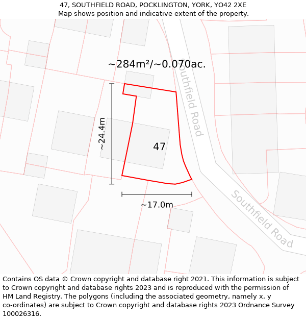 47, SOUTHFIELD ROAD, POCKLINGTON, YORK, YO42 2XE: Plot and title map